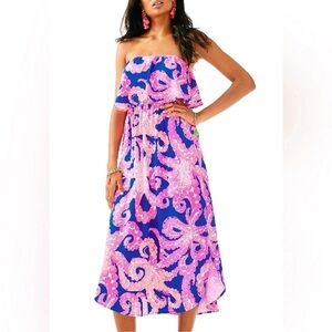 Lilly Pulitzer Meridian Midi Pink Blue Ikat Mocean Octopus Strapless Ruffle XS